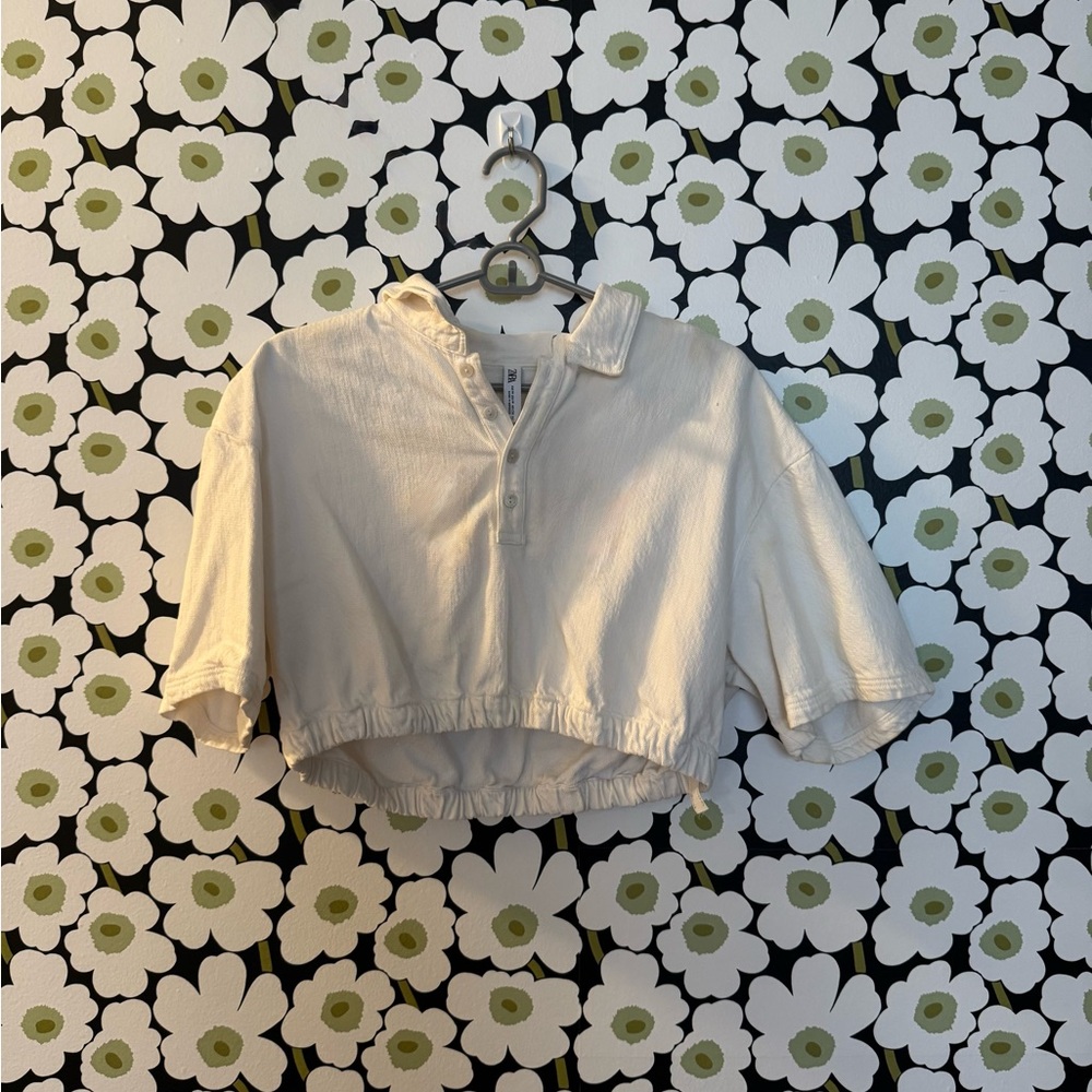 Zara Cream Cropped Polo Shirt